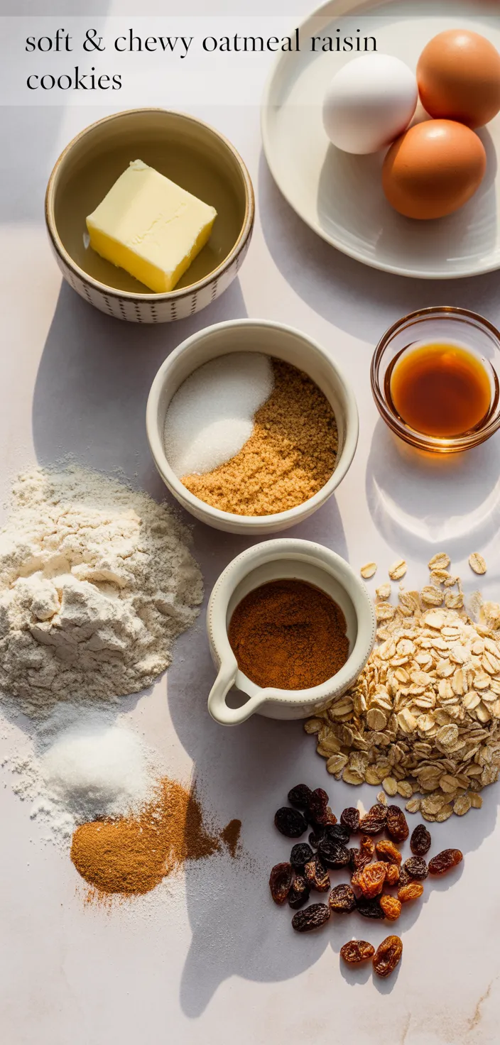 Ingredients photo for Soft & Chewy Oatmeal Raisin Cookies Recipe