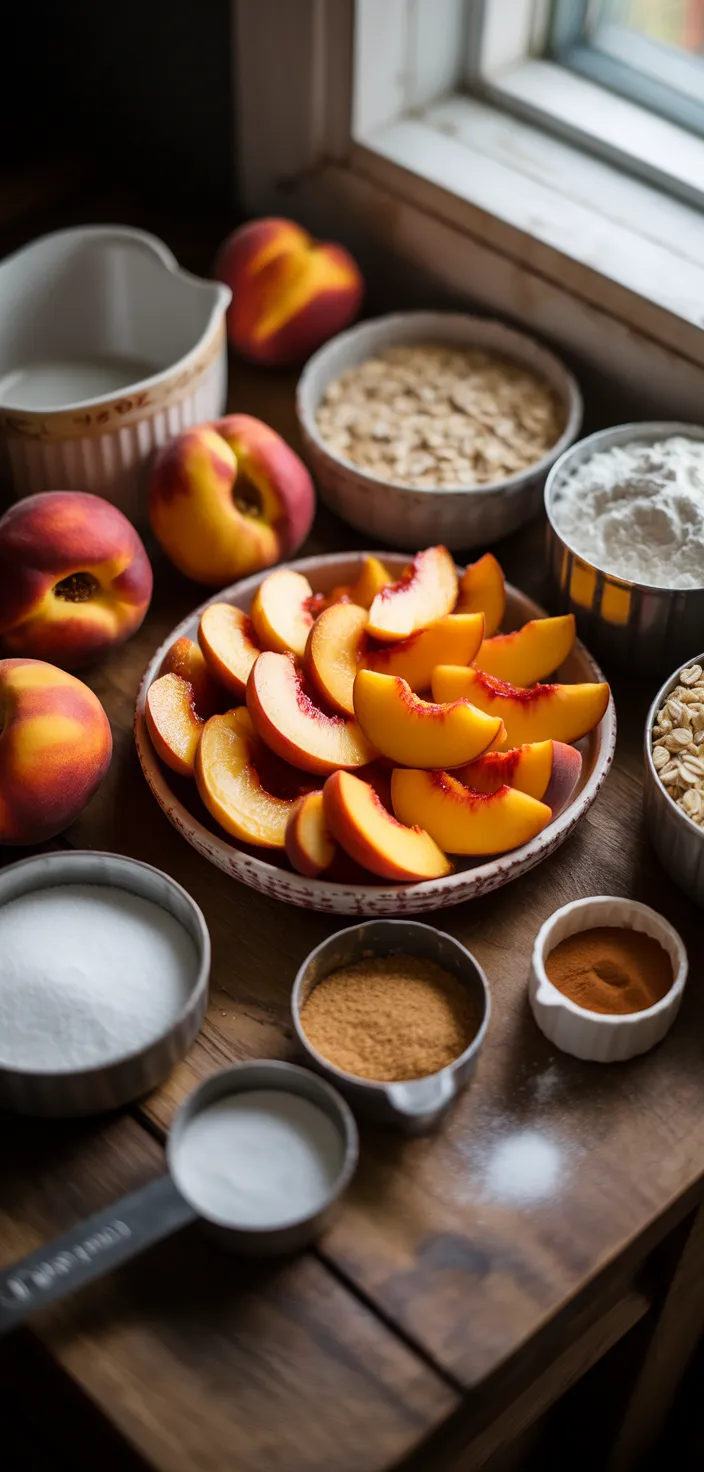 Ingredients photo for Peach Pie Crumble (The Best Peach Pie With Iced Cream) Recipe