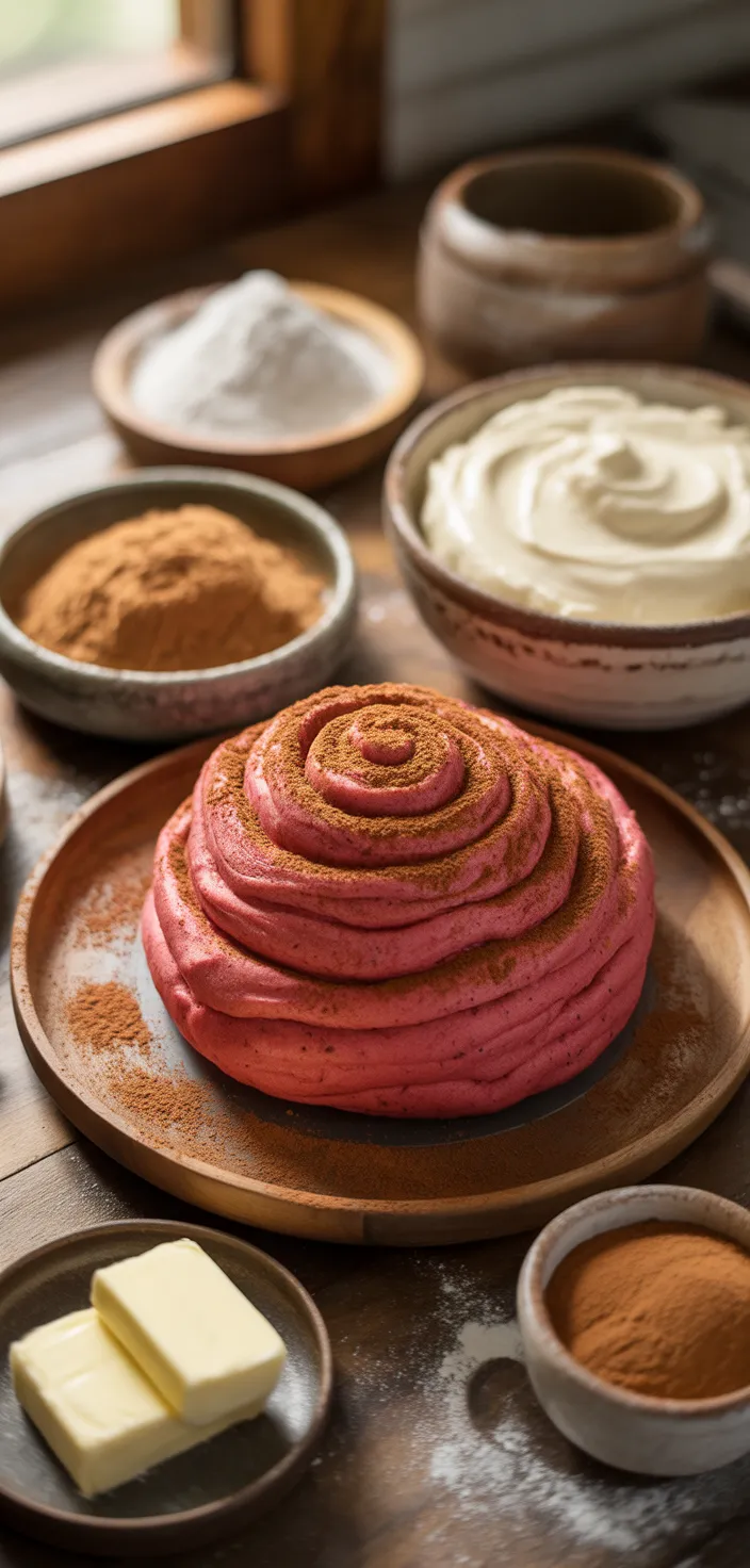 Ingredients photo for Red Velvet Cinnamon Rolls With Cream Cheese Frosting Recipe