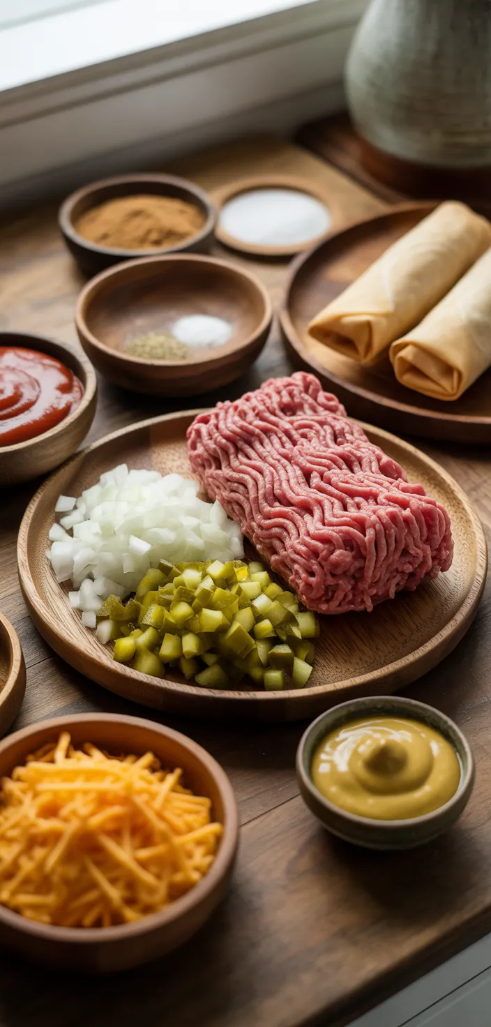 Ingredients photo for Easy Air Fryer Cheeseburger Egg Rolls Recipe Video!