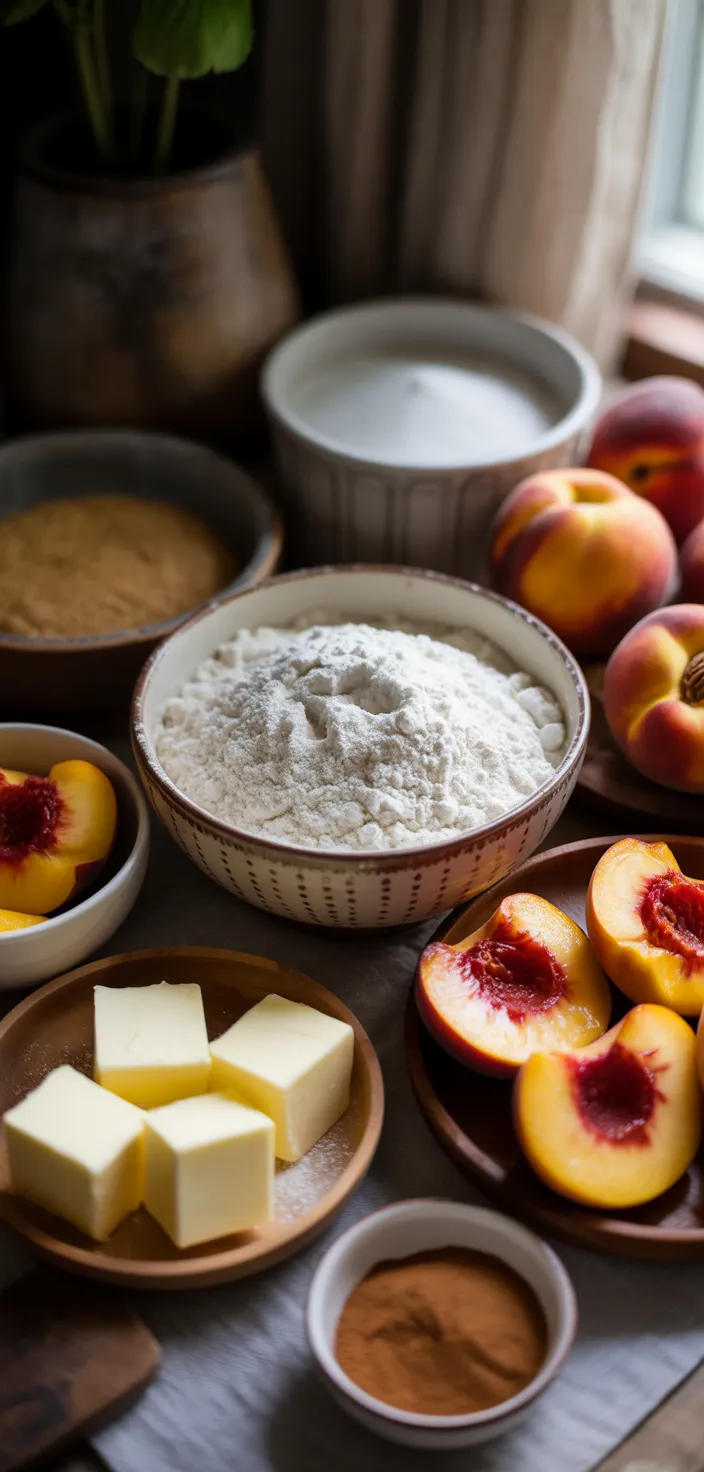 Ingredients photo for Fresh Peach Pie With Crumb Topping Recipe