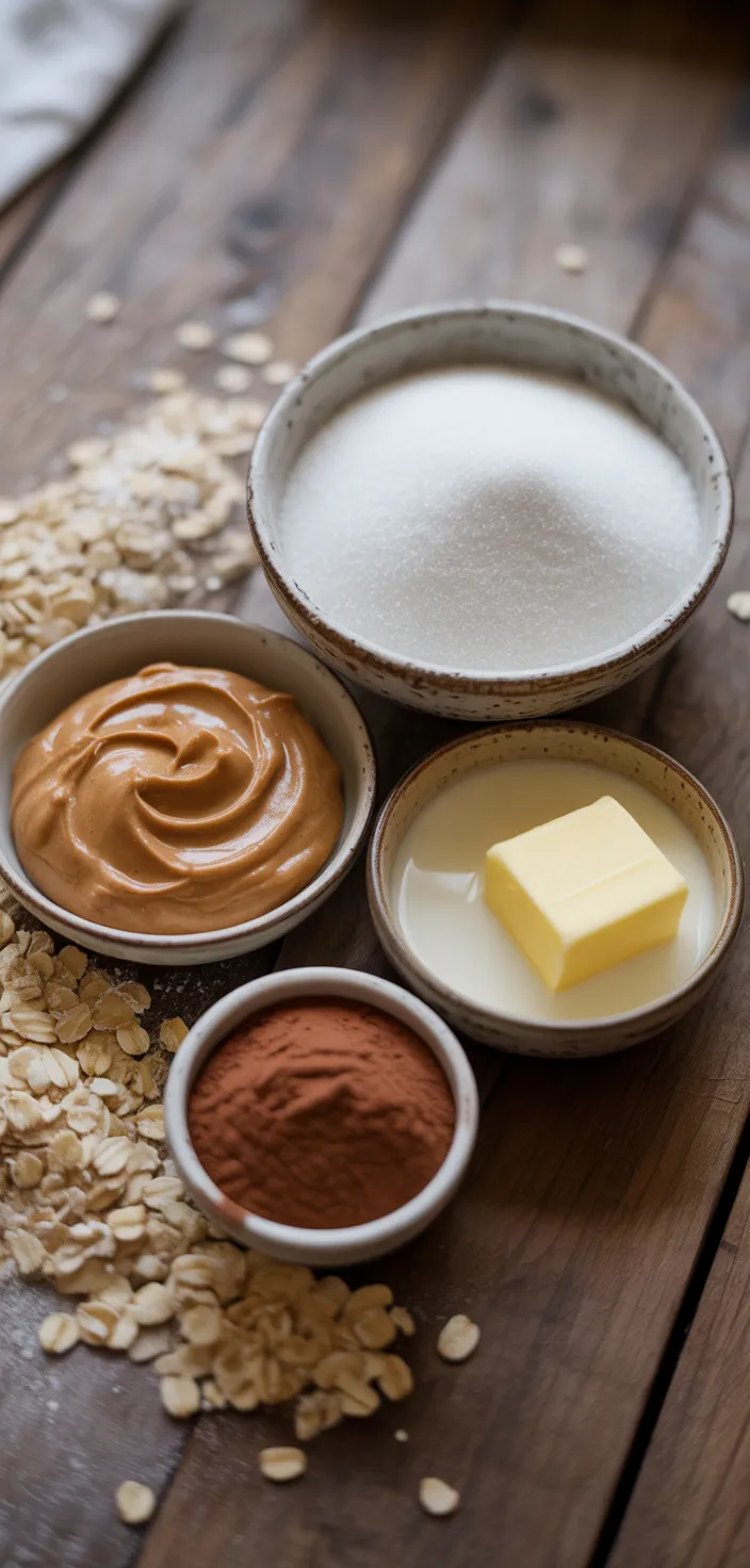 Ingredients photo for Classic Chocolate Peanut Butter No Bake Cookie Recipe