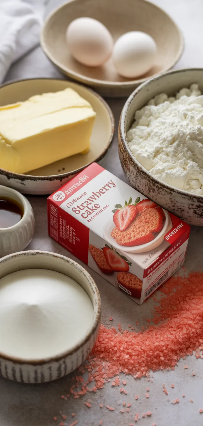 Ingredients photo for Strawberry Gooey Butter Cookies Recipe