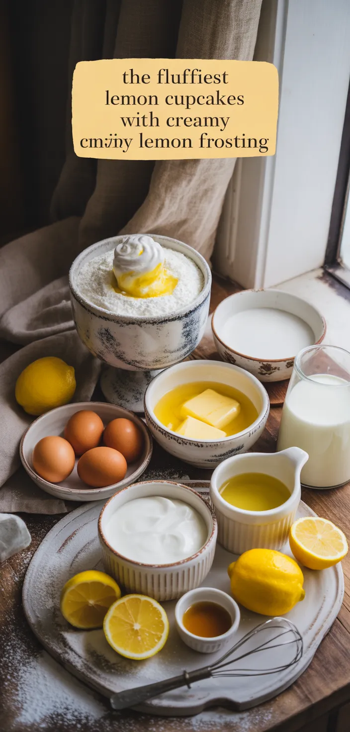 Ingredients photo for The Fluffiest Lemon Cupcakes With Creamy Lemon Frosting Recipe