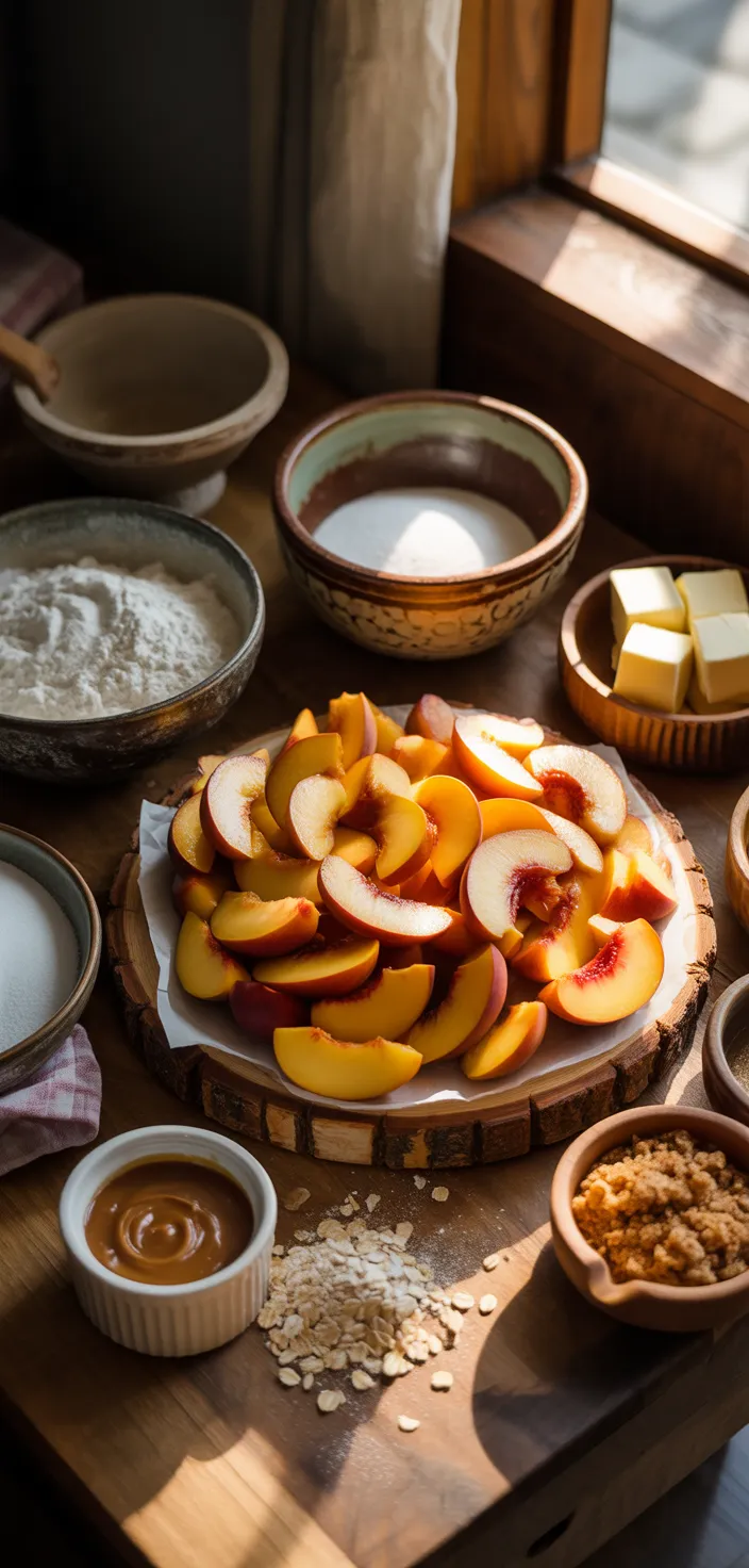 Ingredients photo for Caramel Crumble Peach Pie Recipe